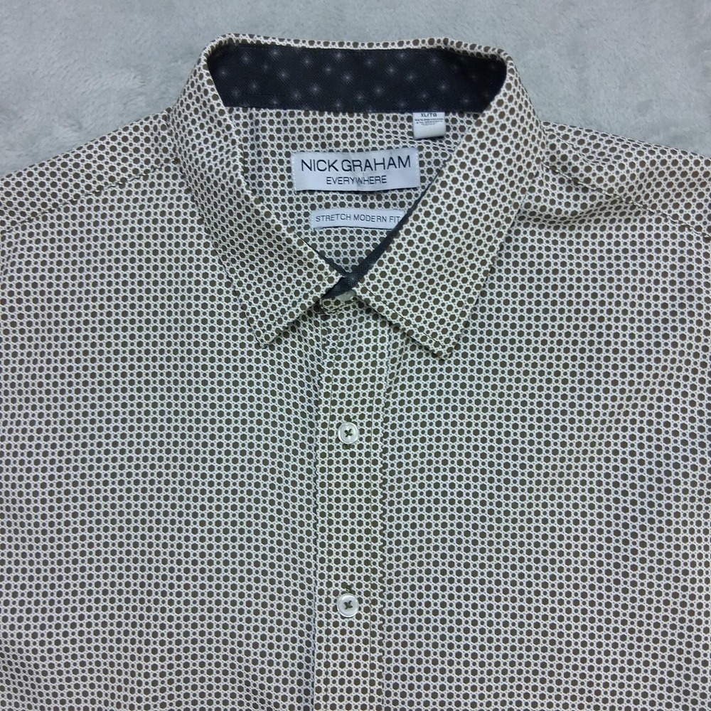 Nick Graham Mens XL Brown White Geometric Modern Fit Stretch Button Up Shirt
